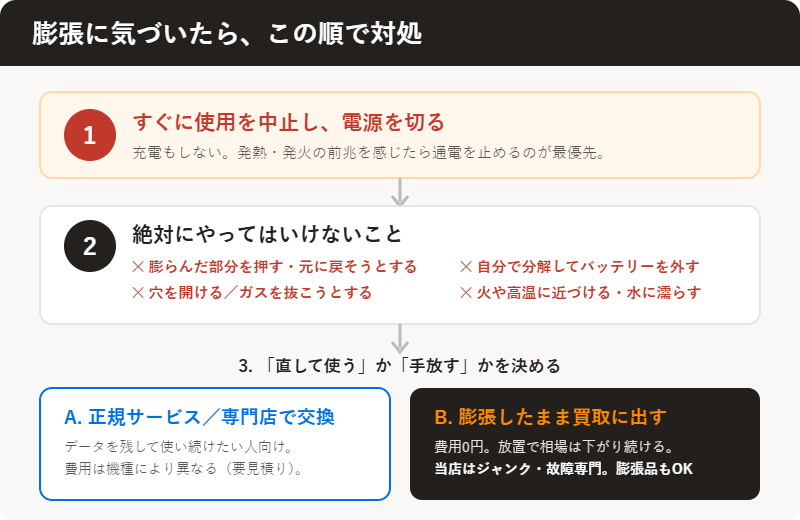 膨張に気づいたらの対処フロー（使用中止→NG行動を避ける→正規サービス/専門店で交換 or 膨張したまま買取）