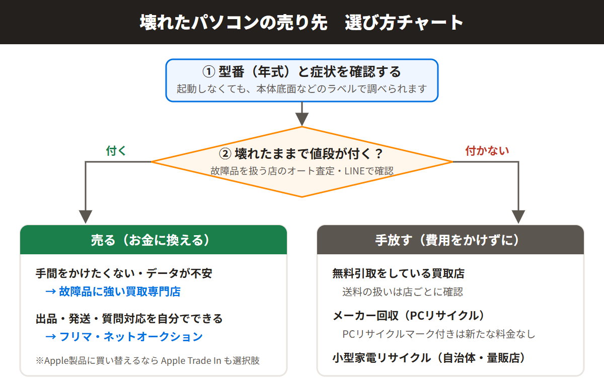壊れたパソコンの売り先の選び方チャート（売る・手放すの判断）